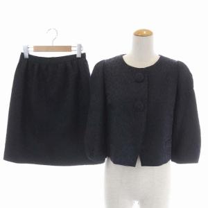 セットアップ 総柄刺繍ジャケット 台形スカート 38 ネイビー ブラック