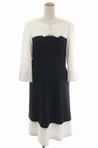 21SS ノーブル配色ワンピース ロング リボンブローチ付き 40 ブラック