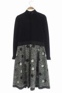 M'S GRACY 異素材切替リボンワンピース ハイネック ロング フレア 花柄 タック ブラック