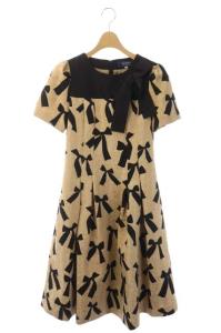 半袖リボンワンピース ロング 総柄 ベージュ ブラック