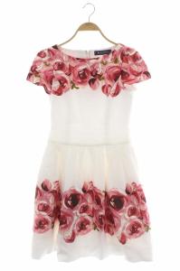 ワンピース フレンチスリーブ フレア タック 膝丈 花柄 ラウンドネック ピンク ホワイト