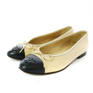 バレエシューズ レザー ココマーク バイカラー フラット 34.5 ベージュ