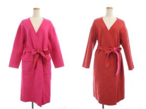 配色リバーコート アウター ロング リバーシブル ウール 36 ピンク レッド