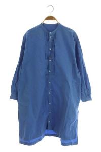 コットンラミー近江晒バンドカラーチュニック ひざ丈 ブラウス 前開き ブルー