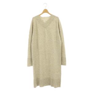 ウールミックスデザインニットワンピース ロング ミモレ丈 Vネック 長袖 38 グレー