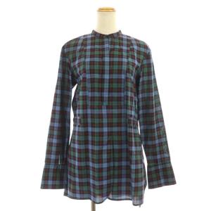チェックロングスタンドカラーシャツ 長袖 38 グリーン レッド ブラック