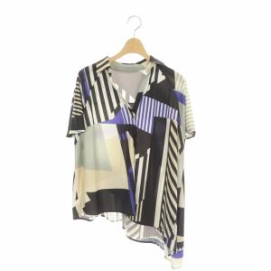 21AW プリントイレギュラーヘムトップ ブラウス プルオーバー 半袖 36 ブラック ブルー