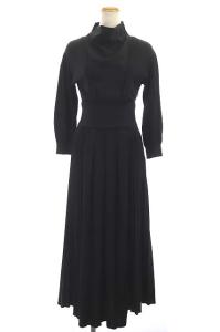 SWEAT KNIT DRESS ニット 切替 チュール ワンピース プリーツ S ブラック