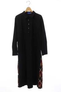 チェック柄ウール混ワンピース ロング 切替 ボルドー ブラック ブラウン