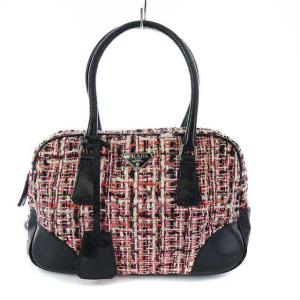 ミニボストンバッグ レザー ツイード切替 ピンク