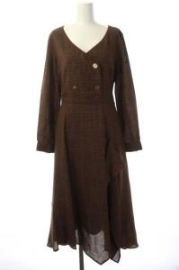 20AW ダブルボタンワンピース フレア ロング チェック リボンベルト付き 36 茶 紺 赤