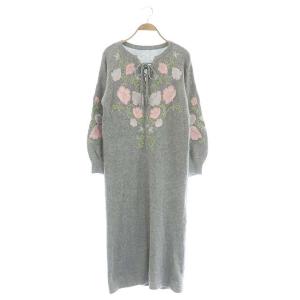 フラワー刺繍ニットワンピース 長袖 ロング プルオーバー 36 グレー