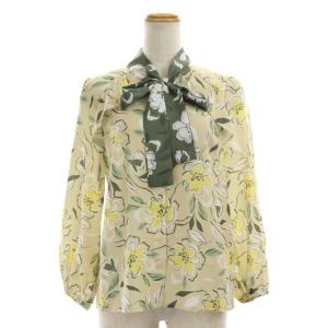 21SS フラワープリントフリルブラウス シャツ 九分袖 比翼仕立て 36 ベージュ