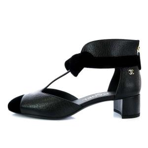 CHANEL パンプス チャンキーヒール ベルベット リボンモチーフ バックジップ レザー 35.5C ブラック