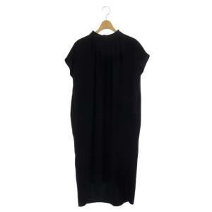 PEツイルストレッチ フレンチタックドレス 半袖 ロング 38 ブラック