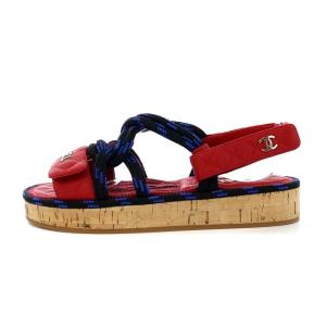 CHANEL コードサンダル ウエッジソール ココマーク ベルクロ キルティング ラムスキン 36C レッド