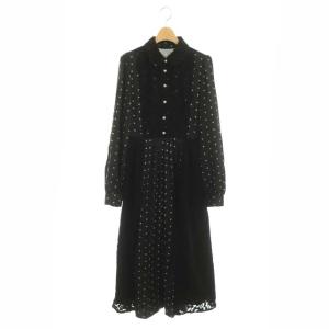 レースプリーツワンピース ドット 長袖 ロング フレア パールボタン 1 黒 白 ブラック ホワイト