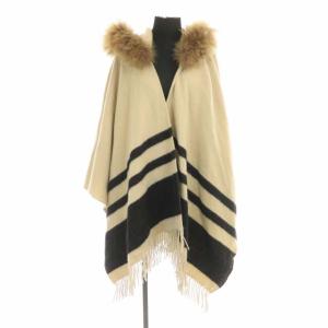 ボーダーポンチョ ニット チャイニーズラクーンファー F ベージュ ブラック