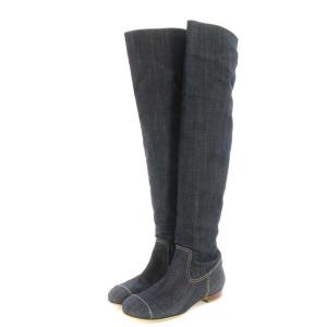 CHANEL ニーハイブーツ ロングブーツ デニム ラウンドトゥ ローヒール ココマーク 23.5cm ネイビー