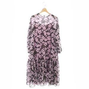 コスモスプリントクルーネックワンピース ロング 長袖 花柄 ギャザー シフォン キャミソール付き 36 紫 黒 ラベンダー