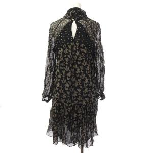 ISABEL MARANT ETOILE リボンタイ付リーフ総柄ワンピース ひざ丈 長袖 38 ブラック ベージュ