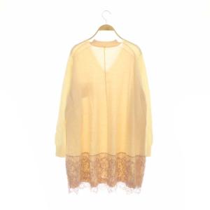 sacai レース切替ニットワンピース ミニ 長袖 Vネック 2 アイボリー サーモンピンク