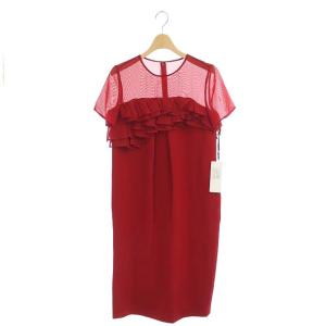 オーガンラッフルドレス ロング 半袖 36 レッド