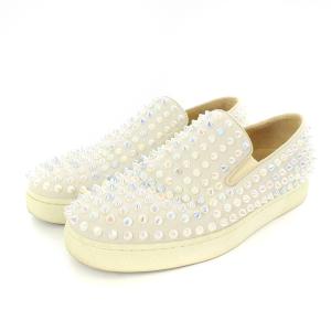 Christian Louboutin スパイクスタッズ スニーカー スリッポン シューズ 25cm ライトグレー オーロラ