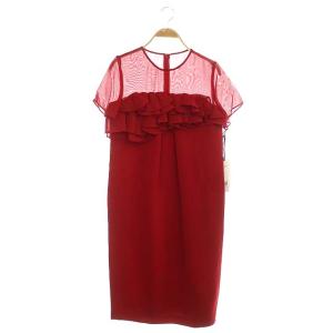 オーガンラッフルドレス ワンピース ミモレ丈 切替 シアー 半袖 36 レッド