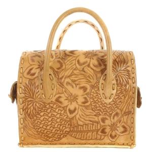 CARVING TRIBES マエストラ S カービング ハンドバッグ レザー ハイビスカス ステッチ ブラウン