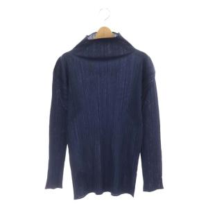 プリーツハイネックブラウス M ネイビー