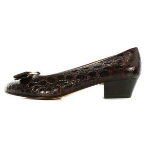 Salvatore Ferragamo BOUTIQUE パンプス レザー チャンキーヒール ヴァラ 型押し 5.5C ブラウン