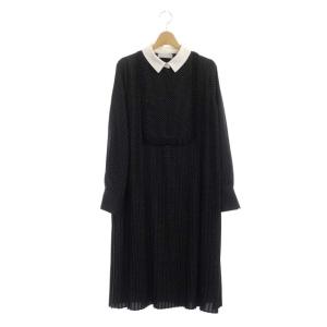 Aラインプリーツワンピース ロング ドット 長袖 36 ブラック ホワイト