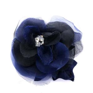17A コサージュ ブローチ オーガンジー フラワー ネイビー ブラック