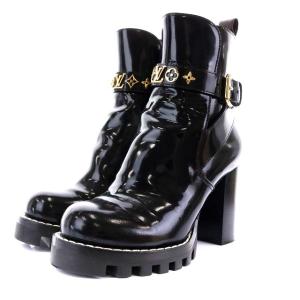 LOUIS VUITTON 21年 スタートレイルライン アンクルブーツ モノグラム チャンキーヒール 34.5 黒