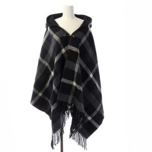 チェック フーディ ケープ ポンチョ ロゴ刺繍 グレー ネイビー