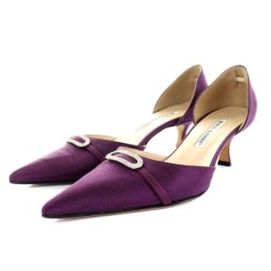 パンプス サイドオープン ポインテッドトゥ ビジュー装飾 ヒール 37 パープル