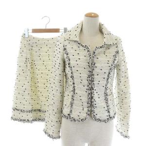 スプリングツイード スーツ セットアップ 上下 ジャケット スカート 膝丈 襟2WAY ラメ 38 グレー ホワイト