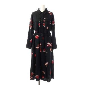 刺繍アーミーシャツワンピース 長袖 ロング フレア ベルト付き 38 ブラック