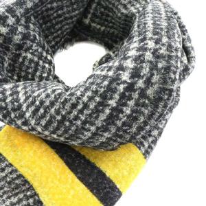 Faliero Sarti ストール フリンジ グレンチェック ラインデザイン 総柄 モダール カシミヤ混 ブラック イエロー