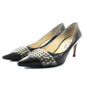 パンプス スタッズポインテッドトゥ ヒール レザー 37.5 ブラック