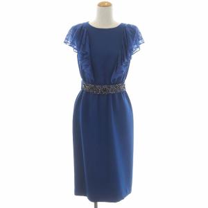 レースラッフルスリーブワンピース 半袖 ミモレ丈 タイト ベルト付き 38 ブルー