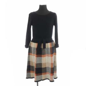 ニット切替チェックワンピース 八分袖 ひざ丈 フレア リボンベルト付き 38 マルチカラー