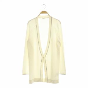 ステッチデザインVネックロングカーディガン ニット 長袖 34ホワイト ブラック