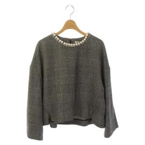 ブラウス カットソー 長袖 プルオーバー  パール ハウンドトゥース柄 グレンチェック 36 黒