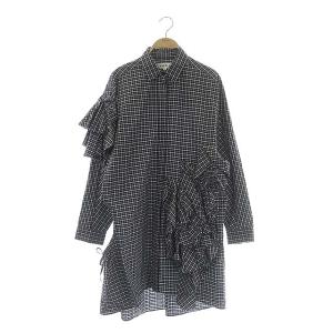 20SS ギンガムチェックフリルカットアウトロングシャツ 38 ブラック
