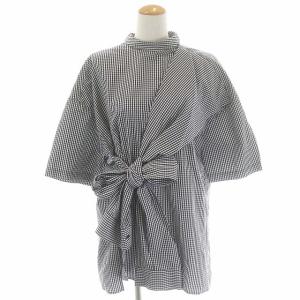 20SS フロントリボンブラウス ギンガムチェック シャツ チュニック 七分袖 38 ブラック