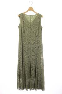 21SS レースワンピース ノースリーブ フレア ロング Vネック 36 カーキ
