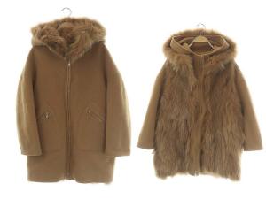 フォックスファーベスト付 ロングコート フード ジップアップ 36 キャメル