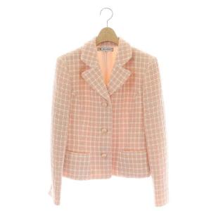 ツイードジャケット テーラード シングル ノーベント チェック柄 38 ピンク